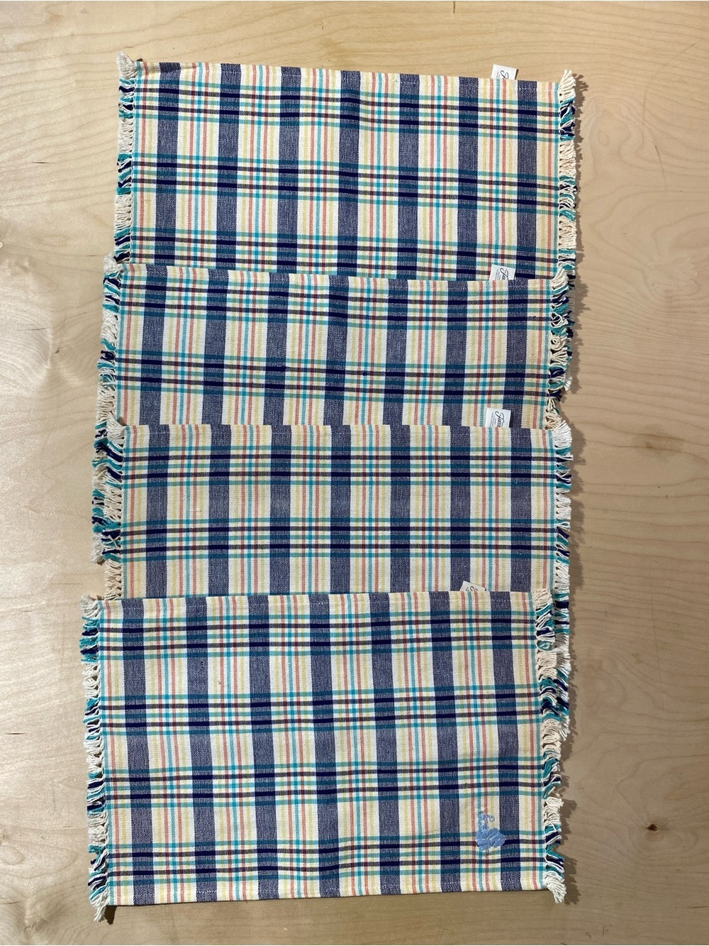Set of 4 Fiesta Blue & Cream Plaid Placemats with Fringe (RK)
